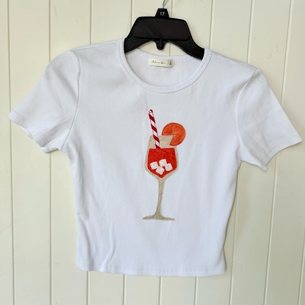 White Ribbed Tee with Aperol Spritz Cocktail Embroidery hand sewn new.  Size M